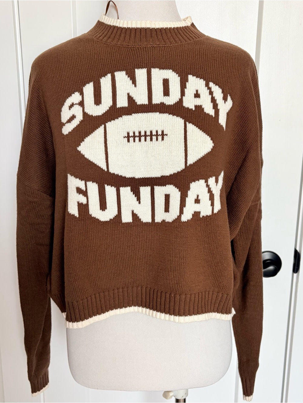 Jessica Simpson Sunday Funday Brown Crewneck Sweater with Football Motif Medium